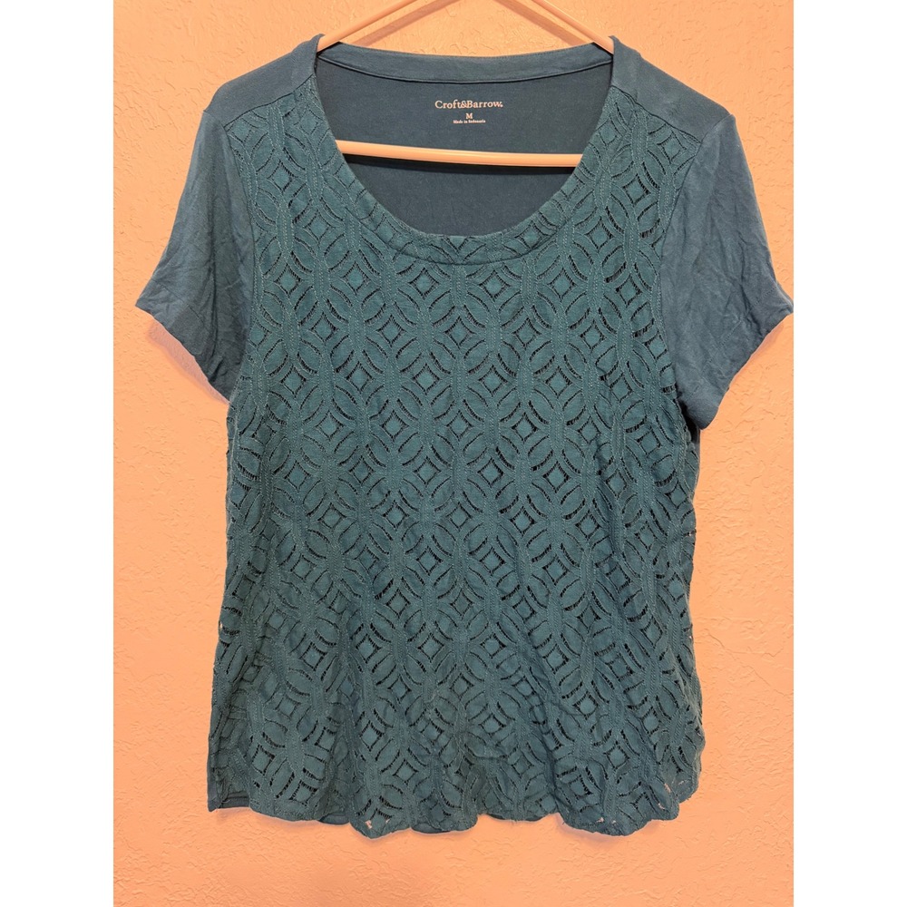 Croft & Barrow Womens Medium Teal Blue Lace Front Short Sleeve Scoop Neck Top